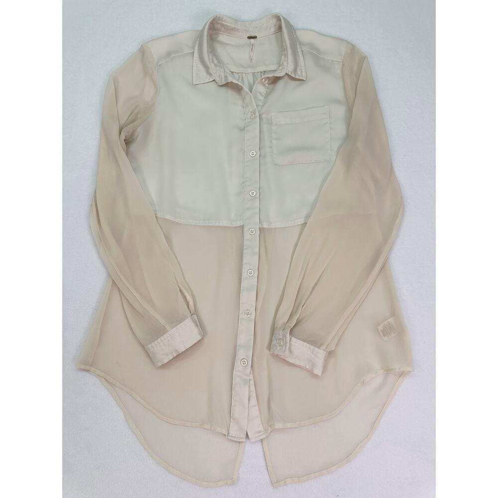 Free People Ivory Sheer Panel Button Up Tunic Top Tuxedo Back Size Small - Picture 5 of 13